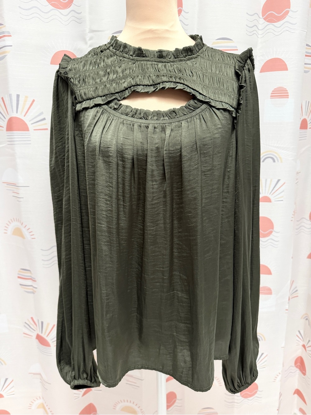 Skies are Blue Olive Green Ruffle Yoke Long Sleeve Blouse